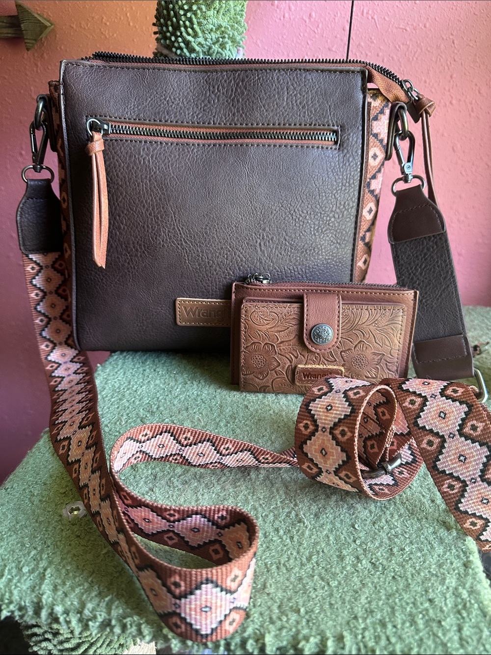 Wrangler Aztec Crossbody Purse with Guitar Strap and Matching Wallet Set - Picture 12 of 12